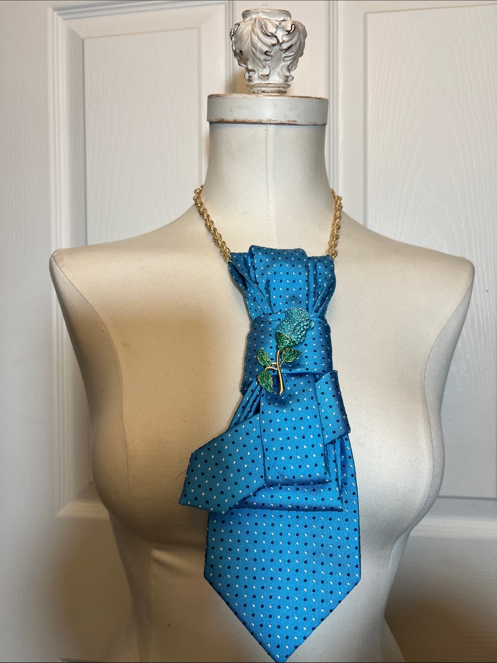 Blue Polka Dot Statement Tie Necklace
